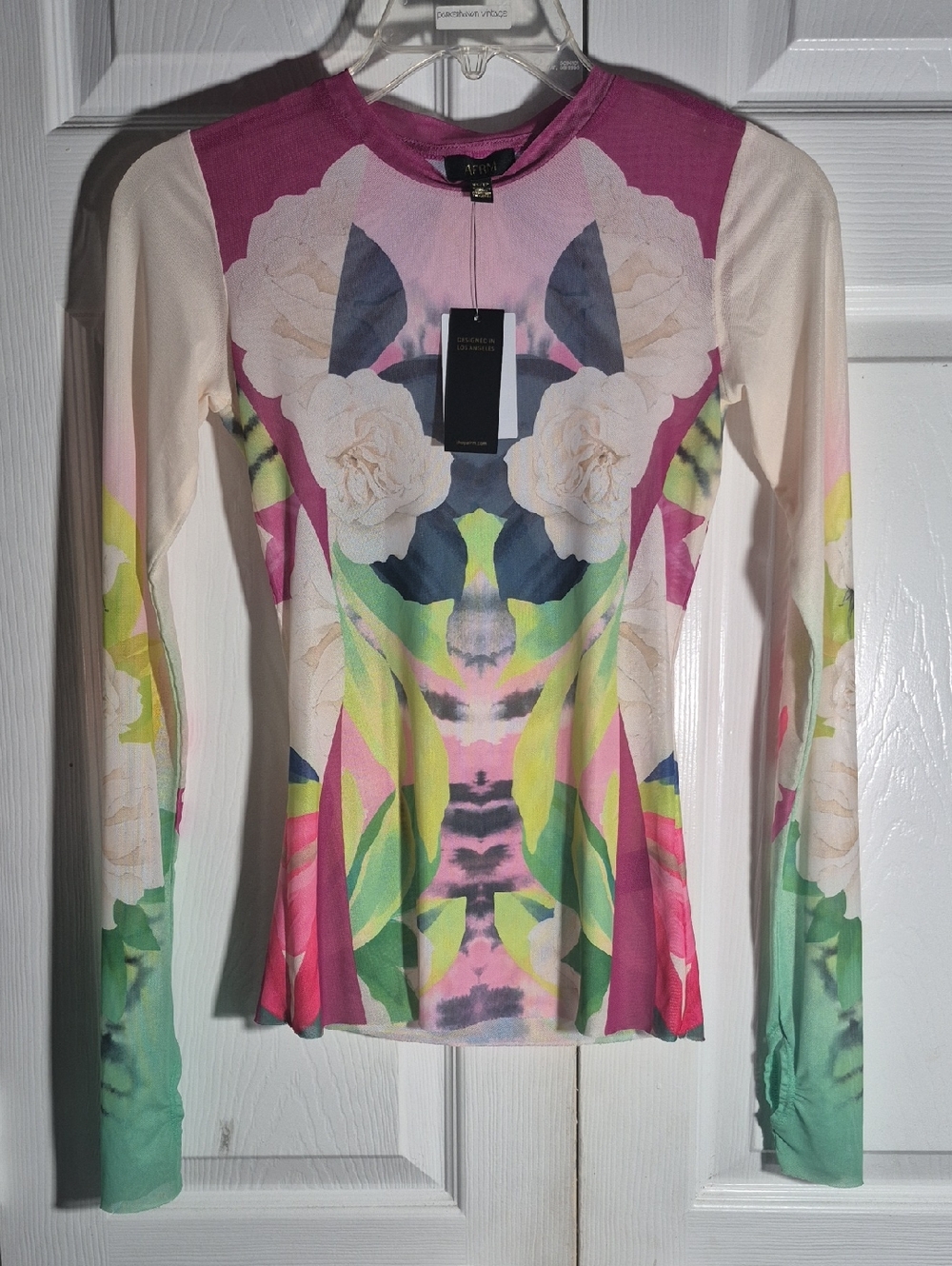 AFRM Kaylee Mesh Floral Tee XS Long Sleeve Mirror Print Sheer Tropical T-shirt - Picture 2 of 4